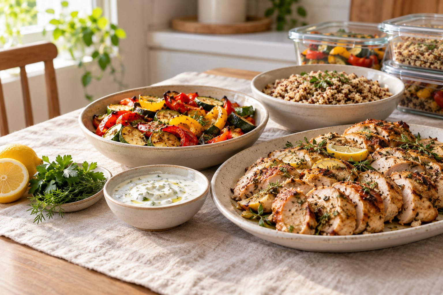 Roasted chicken, vegetables, grains, and yogurt sauce ready for several meals